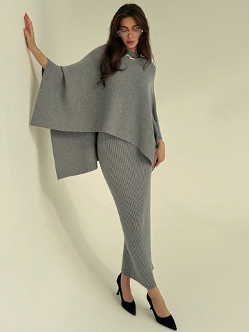 Women's Elegant Scoop Neck Cape Sweater + Low Waist Ribbed Bodycon Skirt