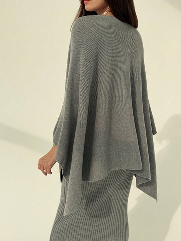 Women's Elegant Scoop Neck Cape Sweater + Low Waist Ribbed Bodycon Skirt