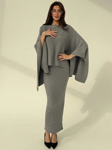 Women's Elegant Scoop Neck Cape Sweater + Low Waist Ribbed Bodycon Skirt