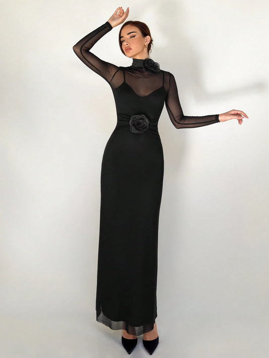 Aloruh 1pc Black Mesh Floral 3D Applique Long Sleeve Bodycon Dress