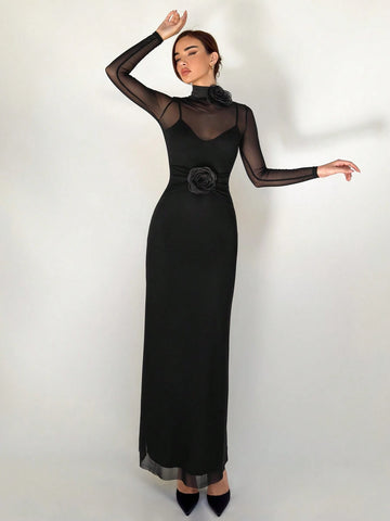 Aloruh 1pc Black Mesh Floral 3D Applique Long Sleeve Bodycon Dress