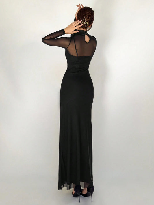 Aloruh 1pc Black Mesh Floral 3D Applique Long Sleeve Bodycon Dress
