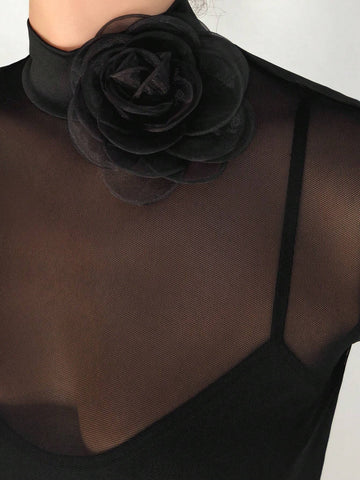 Aloruh 1pc Black Mesh Floral 3D Applique Long Sleeve Bodycon Dress