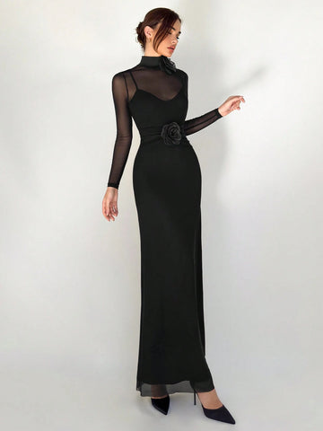 Aloruh 1pc Black Mesh Floral 3D Applique Long Sleeve Bodycon Dress