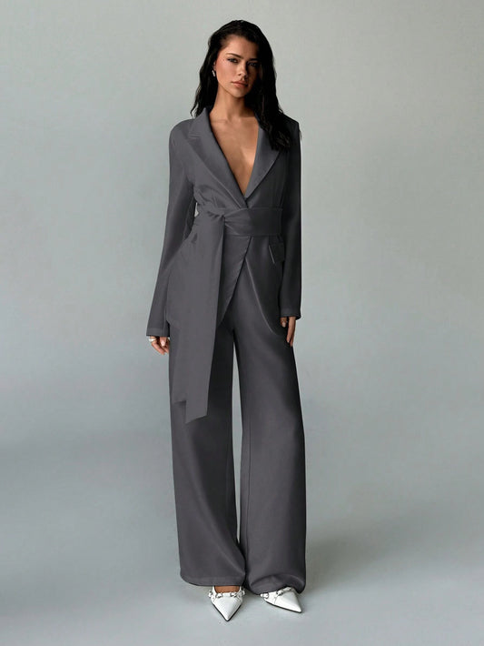 2pcs/Set Women Office Wear Solid Color New Style Blazer Jacket And Straight Pants