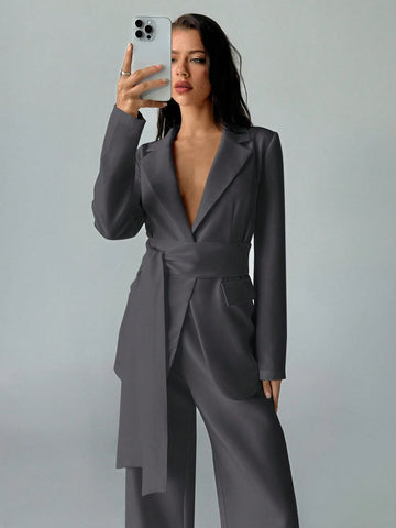 2pcs/Set Women Office Wear Solid Color New Style Blazer Jacket And Straight Pants