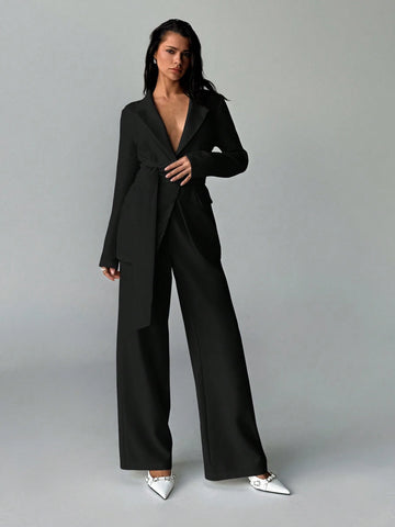 2pcs/Set Women Office Wear Solid Color New Style Blazer Jacket And Straight Pants