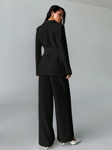 2pcs/Set Women Office Wear Solid Color New Style Blazer Jacket And Straight Pants