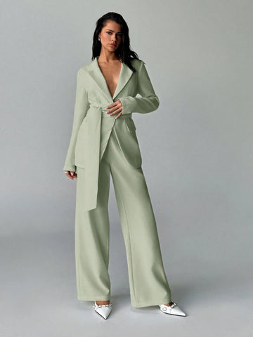 2pcs/Set Women Office Wear Solid Color New Style Blazer Jacket And Straight Pants