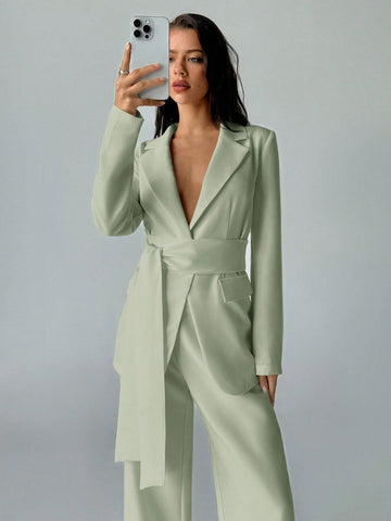 2pcs/Set Women Office Wear Solid Color New Style Blazer Jacket And Straight Pants