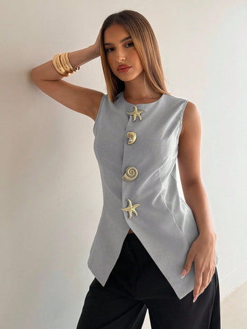 Aloruh Round Neck Sleeveless Minimalist Metal Decor Women's Office Blazer