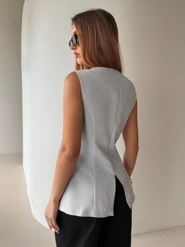 Aloruh Round Neck Sleeveless Minimalist Metal Decor Women's Office Blazer
