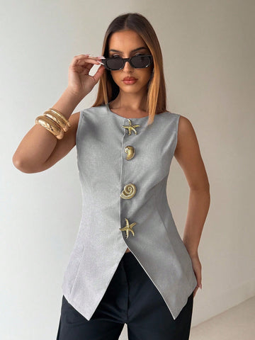 Aloruh Round Neck Sleeveless Minimalist Metal Decor Women's Office Blazer