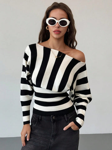 Aloruh Asymmetric Shoulder Striped Batwing Sleeve Cinched Waist Tight Sweater