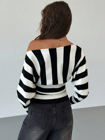 Aloruh Asymmetric Shoulder Striped Batwing Sleeve Cinched Waist Tight Sweater