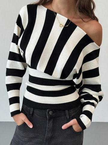 Aloruh Asymmetric Shoulder Striped Batwing Sleeve Cinched Waist Tight Sweater