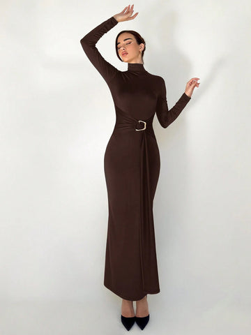 Slim Fit Warm Stand Collar Long Sleeve Cinched Waist Extra-Long Versatile Knit Dress