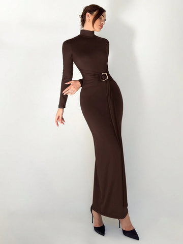 Slim Fit Warm Stand Collar Long Sleeve Cinched Waist Extra-Long Versatile Knit Dress