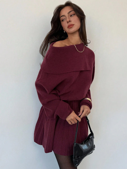 Women's Wine Red Woolen Dress Waist Pleated A-Line Slim Knitted Dress