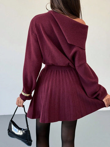 Women's Wine Red Woolen Dress Waist Pleated A-Line Slim Knitted Dress