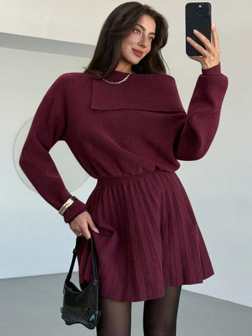 Women's Wine Red Woolen Dress Waist Pleated A-Line Slim Knitted Dress