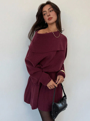 Women's Wine Red Woolen Dress Waist Pleated A-Line Slim Knitted Dress