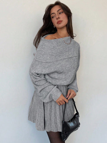 Women's Wine Red Woolen Dress Waist Pleated A-Line Slim Knitted Dress