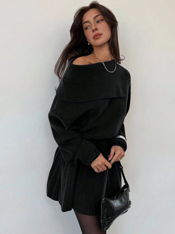 Women's Wine Red Woolen Dress Waist Pleated A-Line Slim Knitted Dress