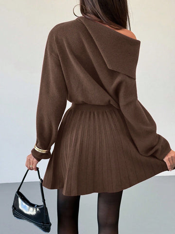 Women's Wine Red Woolen Dress Waist Pleated A-Line Slim Knitted Dress