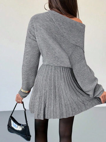 Women's Wine Red Woolen Dress Waist Pleated A-Line Slim Knitted Dress