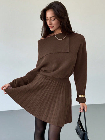 Women's Wine Red Woolen Dress Waist Pleated A-Line Slim Knitted Dress