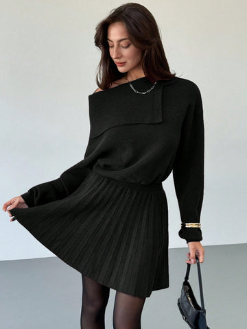 Women's Wine Red Woolen Dress Waist Pleated A-Line Slim Knitted Dress