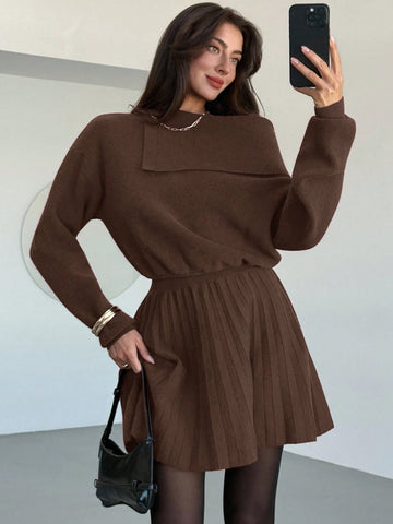 Women's Wine Red Woolen Dress Waist Pleated A-Line Slim Knitted Dress