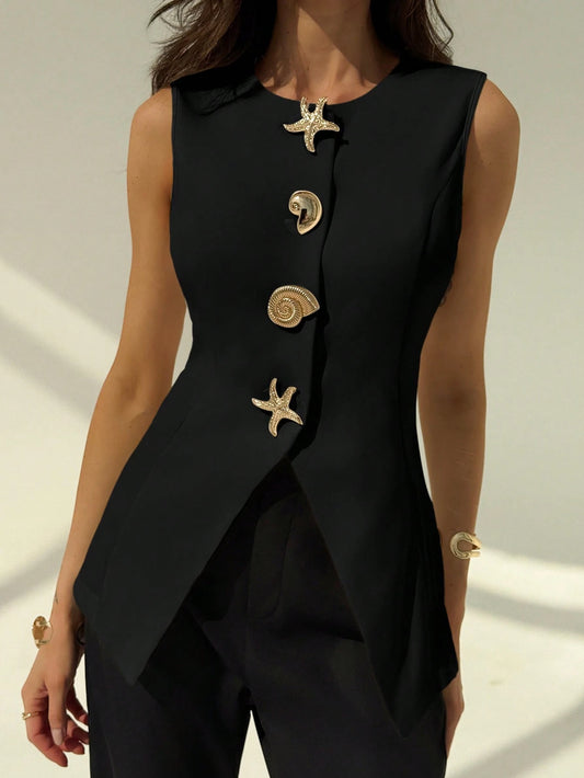 Aloruh Round Neck Sleeveless Minimalist Metal Decor Women's Office Blazer