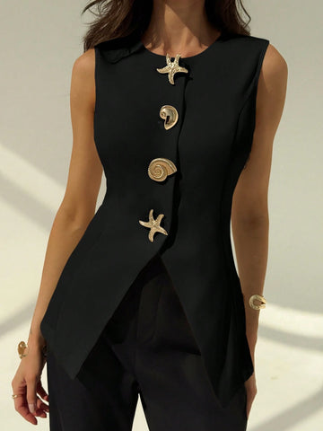 Aloruh Round Neck Sleeveless Minimalist Metal Decor Women's Office Blazer