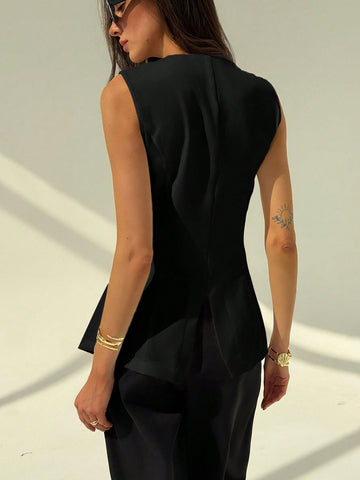Aloruh Round Neck Sleeveless Minimalist Metal Decor Women's Office Blazer