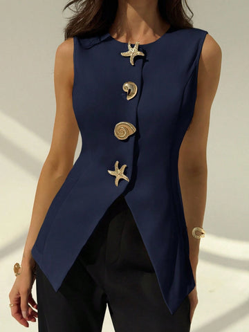 Aloruh Round Neck Sleeveless Minimalist Metal Decor Women's Office Blazer