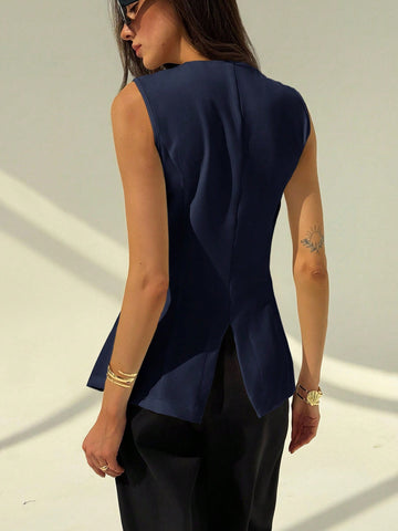 Aloruh Round Neck Sleeveless Minimalist Metal Decor Women's Office Blazer