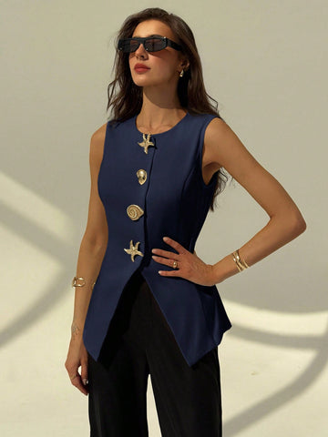 Aloruh Round Neck Sleeveless Minimalist Metal Decor Women's Office Blazer
