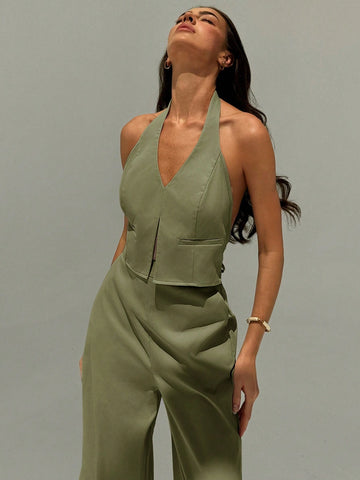 Aloruh Deep V Backless Camisole And Wide Leg Pants Suit