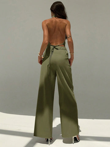 Aloruh Deep V Backless Camisole And Wide Leg Pants Suit