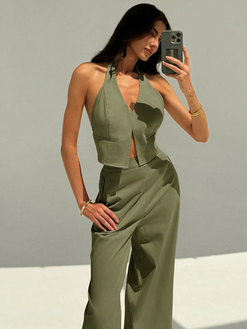 Aloruh Deep V Backless Camisole And Wide Leg Pants Suit