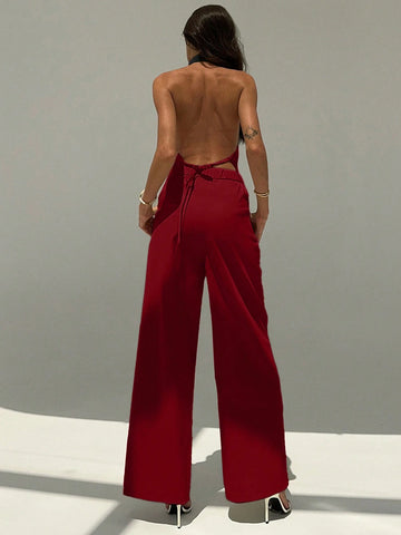 Aloruh Deep V Backless Camisole And Wide Leg Pants Suit