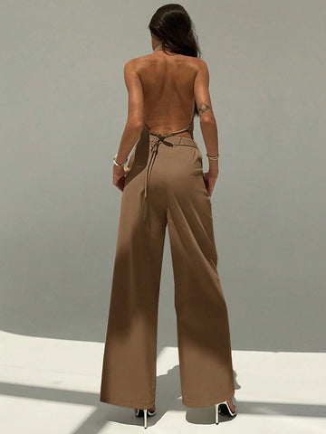 Aloruh Deep V Backless Camisole And Wide Leg Pants Suit