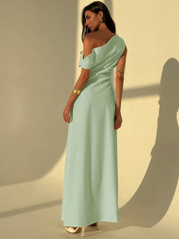 Aloruh Elegant Asymmetrical Neck Waist Ruched A-Line Dress