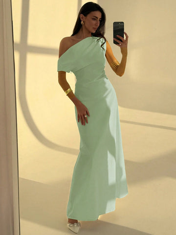 Aloruh Elegant Asymmetrical Neck Waist Ruched A-Line Dress