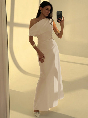 Aloruh Elegant Asymmetrical Neck Waist Ruched A-Line Dress