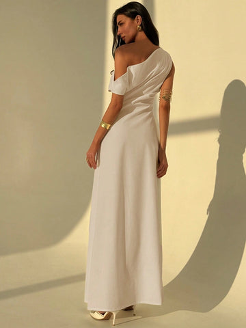 Aloruh Elegant Asymmetrical Neck Waist Ruched A-Line Dress