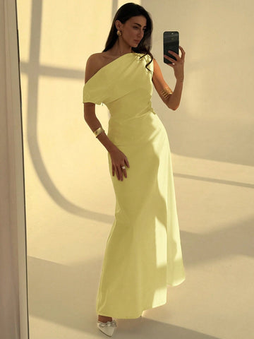 Aloruh Elegant Asymmetrical Neck Waist Ruched A-Line Dress