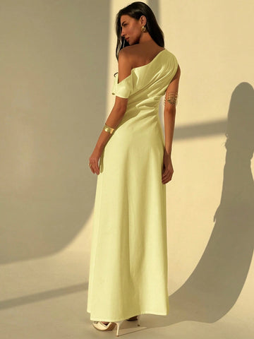 Aloruh Elegant Asymmetrical Neck Waist Ruched A-Line Dress